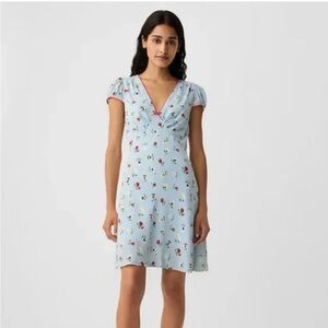 Gap X Doen Light Blue Flower Printed Short Dress with Red Piping V Neck Size 14